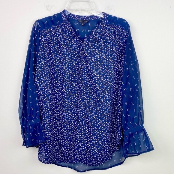 Lucky Brand Blue floral mixed print sheer back boho bohemian blouse top size L - Picture 2 of 9